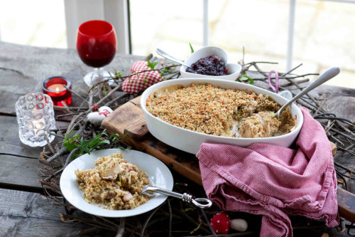 Turkey, ham and pecan crumble with cranberry sauce.